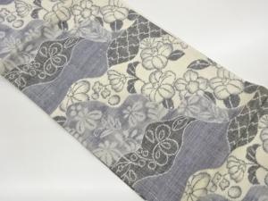 手織り紬抽象道長取に花葉模様織出し名古屋帯